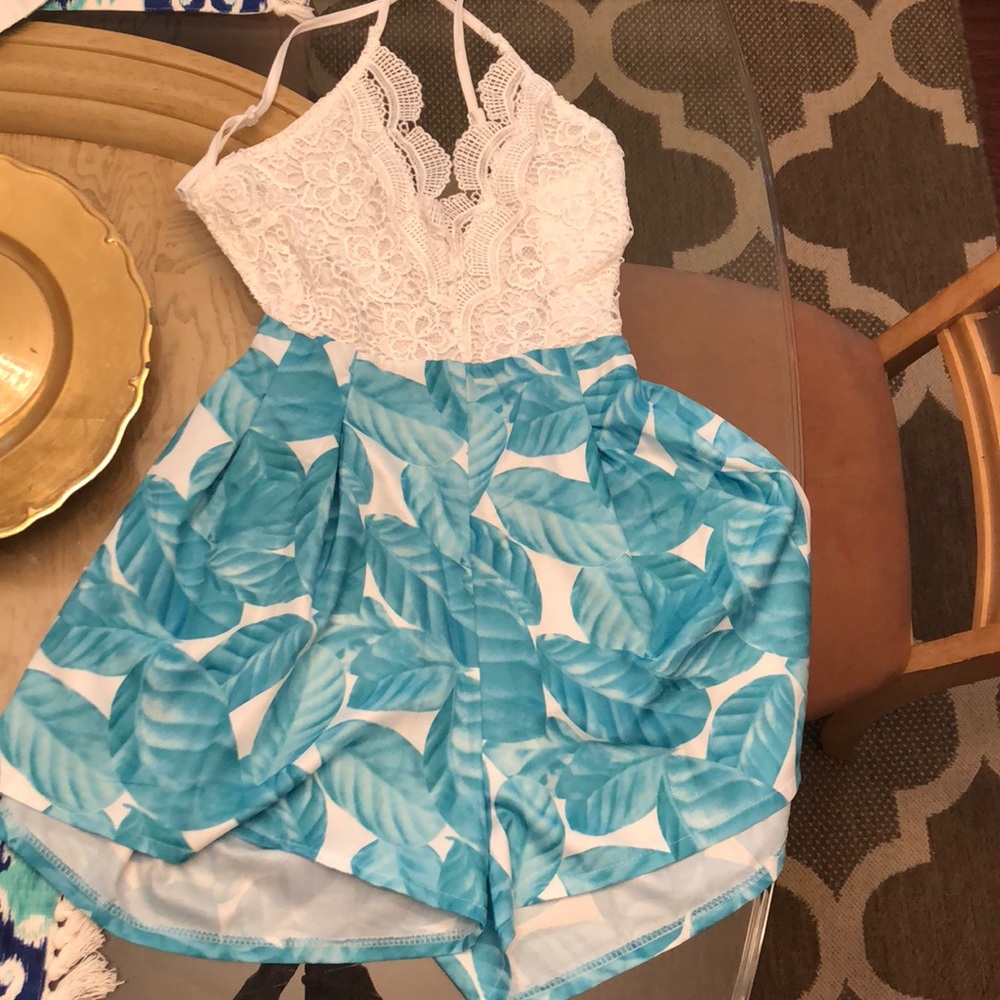 Backless Palm romper, crocheted top. Small